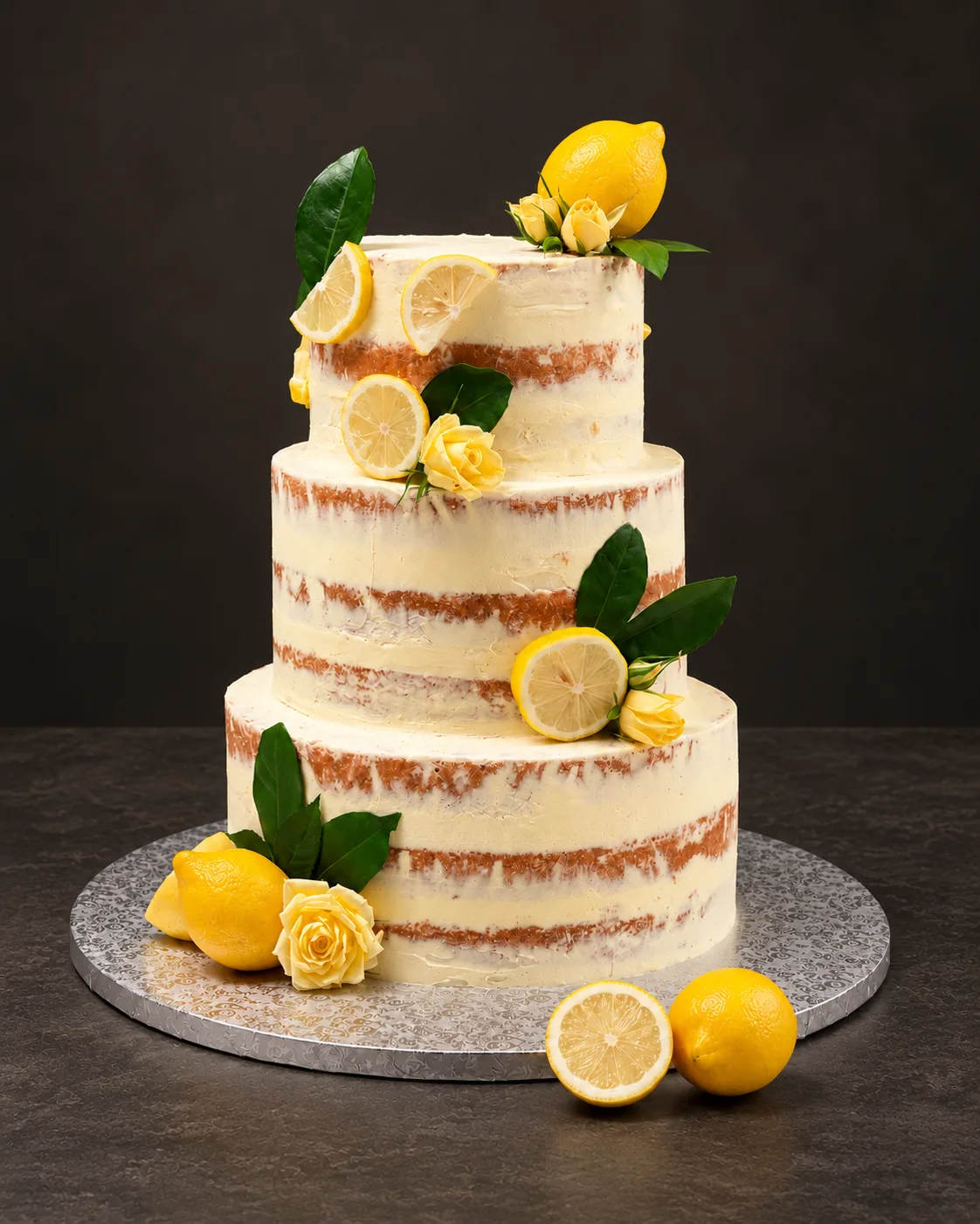 Three-tier cake with lemons and roses