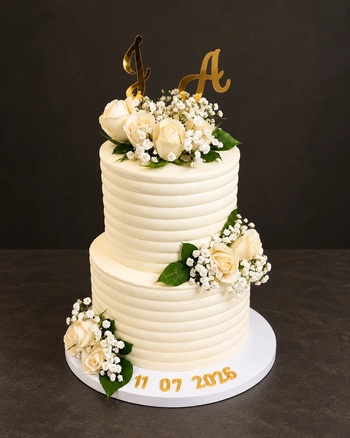 Cake with white flowers and initials